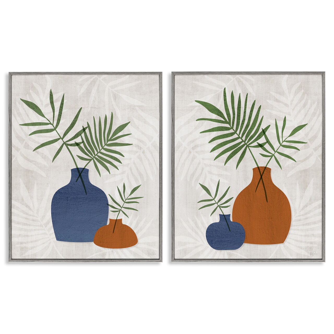 Stupell Industries Midcentury Palm Vases 2pc Framed Giclee Wall Art Set Design by Natalie Carpentieri